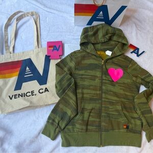 - NWT Aviator Nation Heart Camo Zip Hoodie Small + Tote Bag
